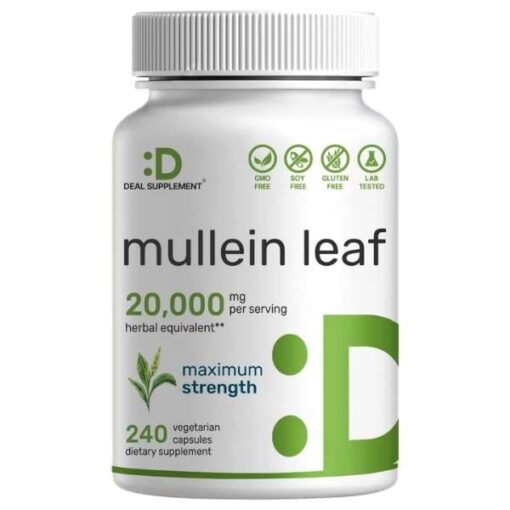 Mullein Leaf Extract 20,000mg, 240 Veggie Capsules – 4 Month Supply – Lung Cleanse & Detox Herbal Supplement – Supports Respiratory & Immune Health – Non-GMO, Vegan